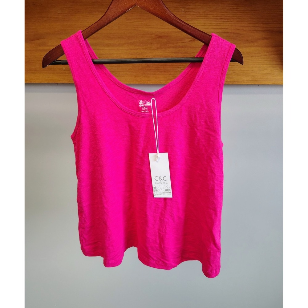 100% Cotton C&C California Solid Pink Scoop Neck Wide Strap Tank, M/M